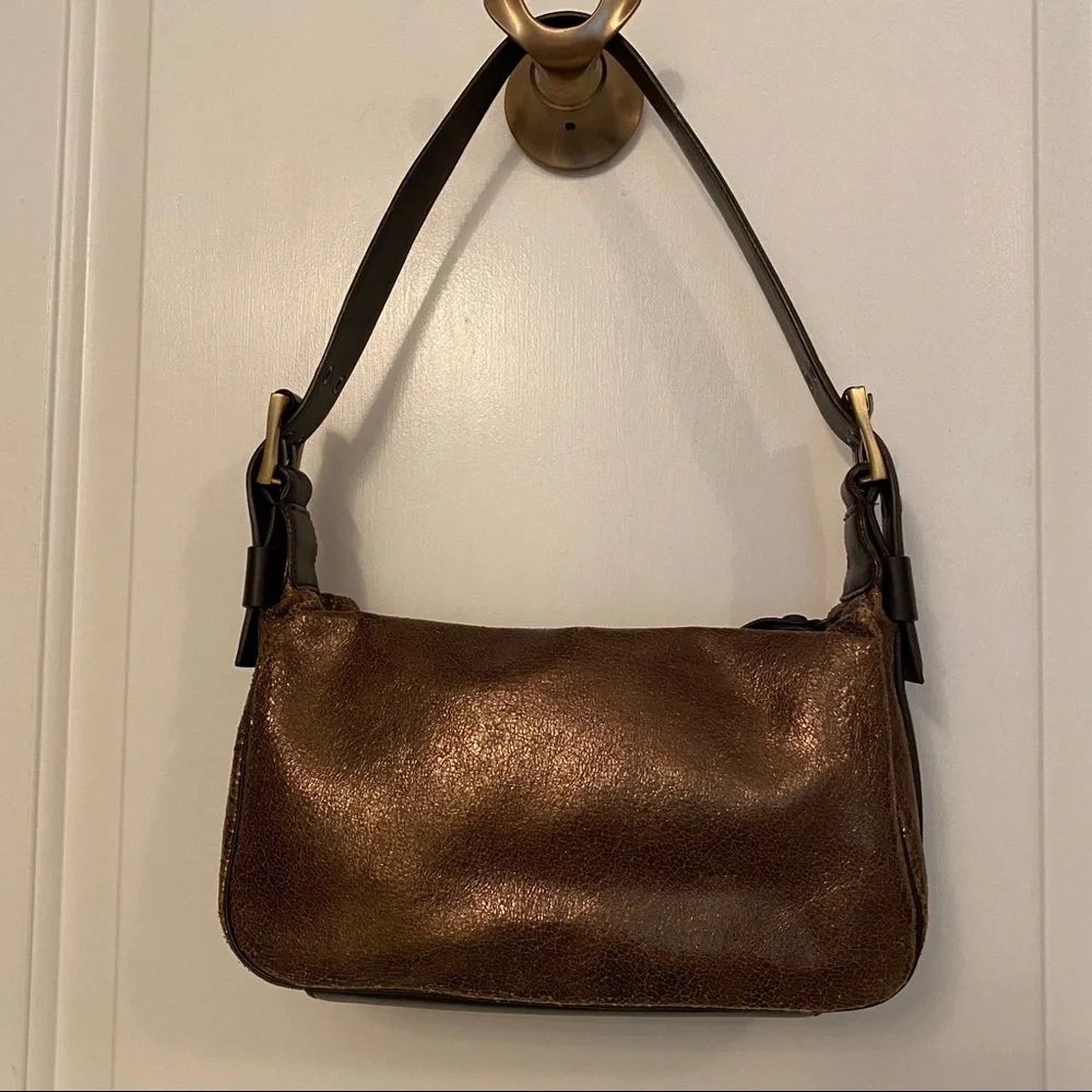DONALD J. PLINER BAG SHOULDER BRONZE GOLD TEXTURED DARK BROWN LEATHER ZIP TOP